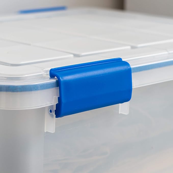 IRIS USA WeatherPro 27 Qt Storage Bins with Lids, 3 Pack, BPA-Free Plastic Gasket Box with Tight Latch and Seal, Stackable Nestable Tote Tub - Clear/Blue
