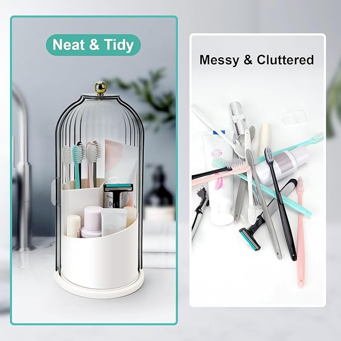 Toothbrush Holders with Sliding Lid, Rotating 3 Slots Bathroom Organizer