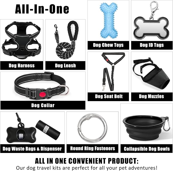 No Pull Dog Harness Adjustable Collar & Leash Set - Dog Halter Harnesses Collapsible Bowls & Poop Bag Dispenser Muzzle ID Tags Toys Fits Small Medium Large Dogs (Black-L)