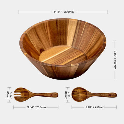 JF JAMES.F Wooden Salad Bowl, 12'' Acacia Wood Large Salad Bowl Set Big Salad Serving Bowl with Serving Utensils