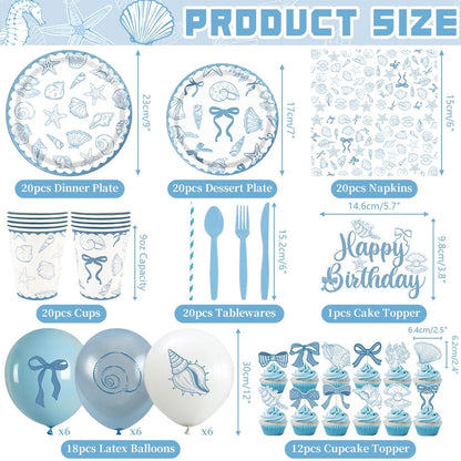 Seashell Birthday Party Decorations-20 Guests-Coastal Birthday Decorations Includes Plates Cups Napkins Tablecloth Backdrop Balloons Cake Topper Tableware for The Summer I Turned Pretty Party Decor