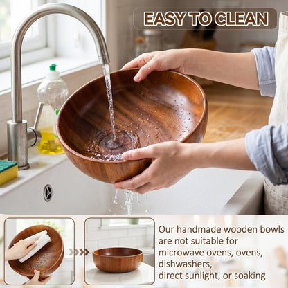 Hushee 5 Pcs Acacia Wood Salad Bowl Set 4.7" 6.3" 9.5" Wooden Mixing Bowls with 2 Wooden Hands Large Wood Serving Bowl with Serving Utensils for Kitchen Fruits Cereal Corn Flake Pasta Gift Giving