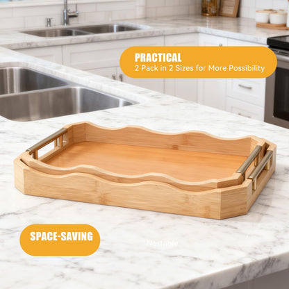 Decorative Bamboo Serving Tray Set with Gold Metal Handles, 2 Pack Ottoman Coffee Table Trays, 14.5x9.8 and 15.75x11 Inches (Bamboo Color)