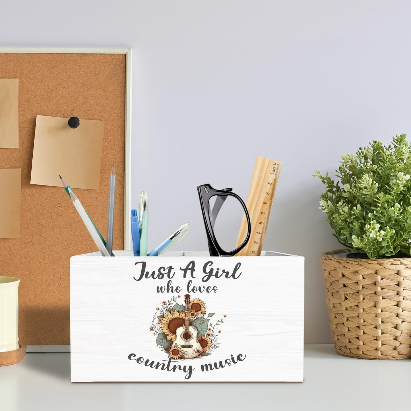 METNBASYY Western Cowgirl Pen Holder for Desk, Country Western Gifts Pencil Organizer, Just a Girl Who Loves Country Music Wooden Box Sign Desk Decor for Home Office Decoration