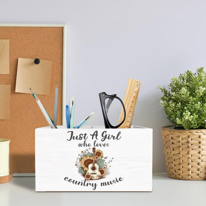 METNBASYY Western Cowgirl Pen Holder for Desk, Country Western Gifts Pencil Organizer, Just a Girl Who Loves Country Music Wooden Box Sign Desk Decor for Home Office Decoration