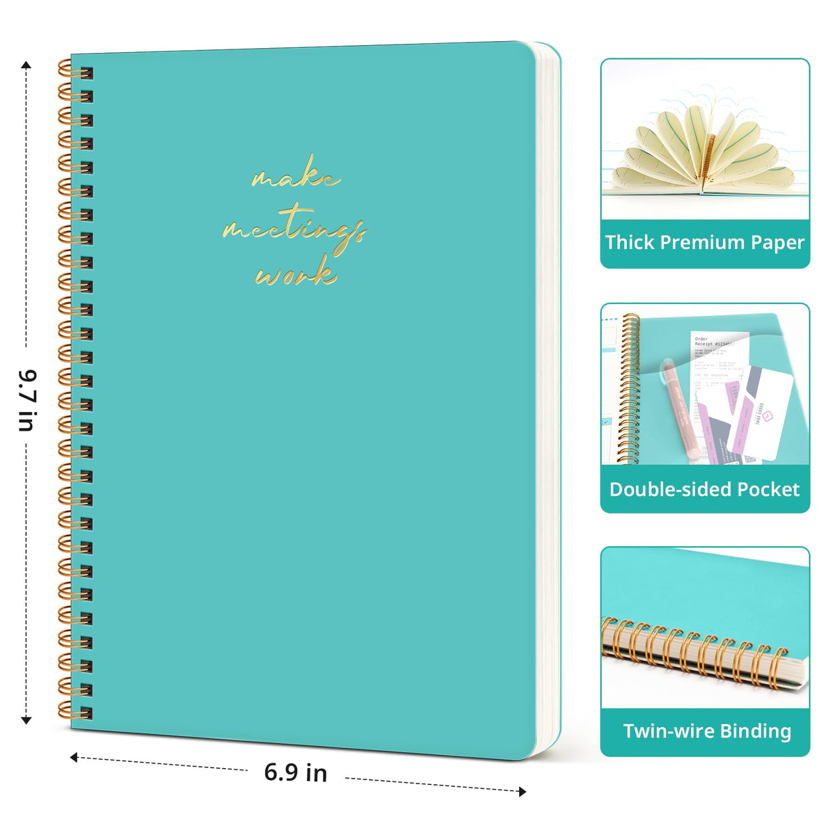Meeting Notebook for Work Organization - Work notebook with action items, Meeting Minutes Planner Notebook, Perfect Office Supplies for Men & Women - Aquamarine