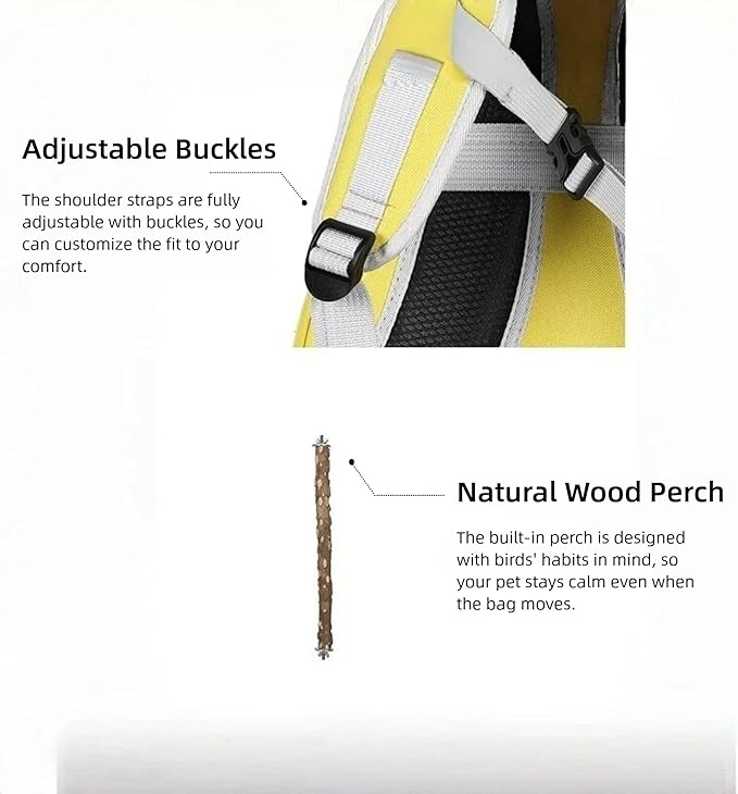 Bird Backpack, Lightweight and Breathable Outdoor Travel Backpack with 12 Breathable Holes, Wooden Pole, Adjustable Shoulder Strap for Birds and Pets (Yellow)