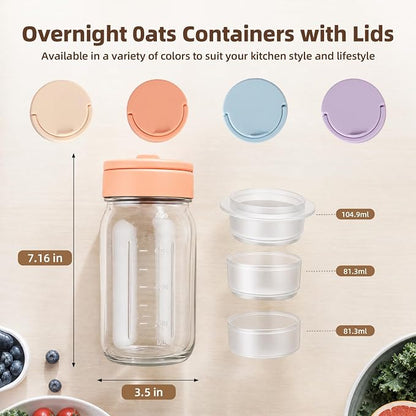 TQRR 32 OZ 4 Pack Overnight Oats Containers with Lids, Glass Storage Jar with Dry and Wet Separation, Leakproof Wide Mouth Mason Jars, Glass Jars with a Handle for Salads,Yogurt (4, Multicolor)