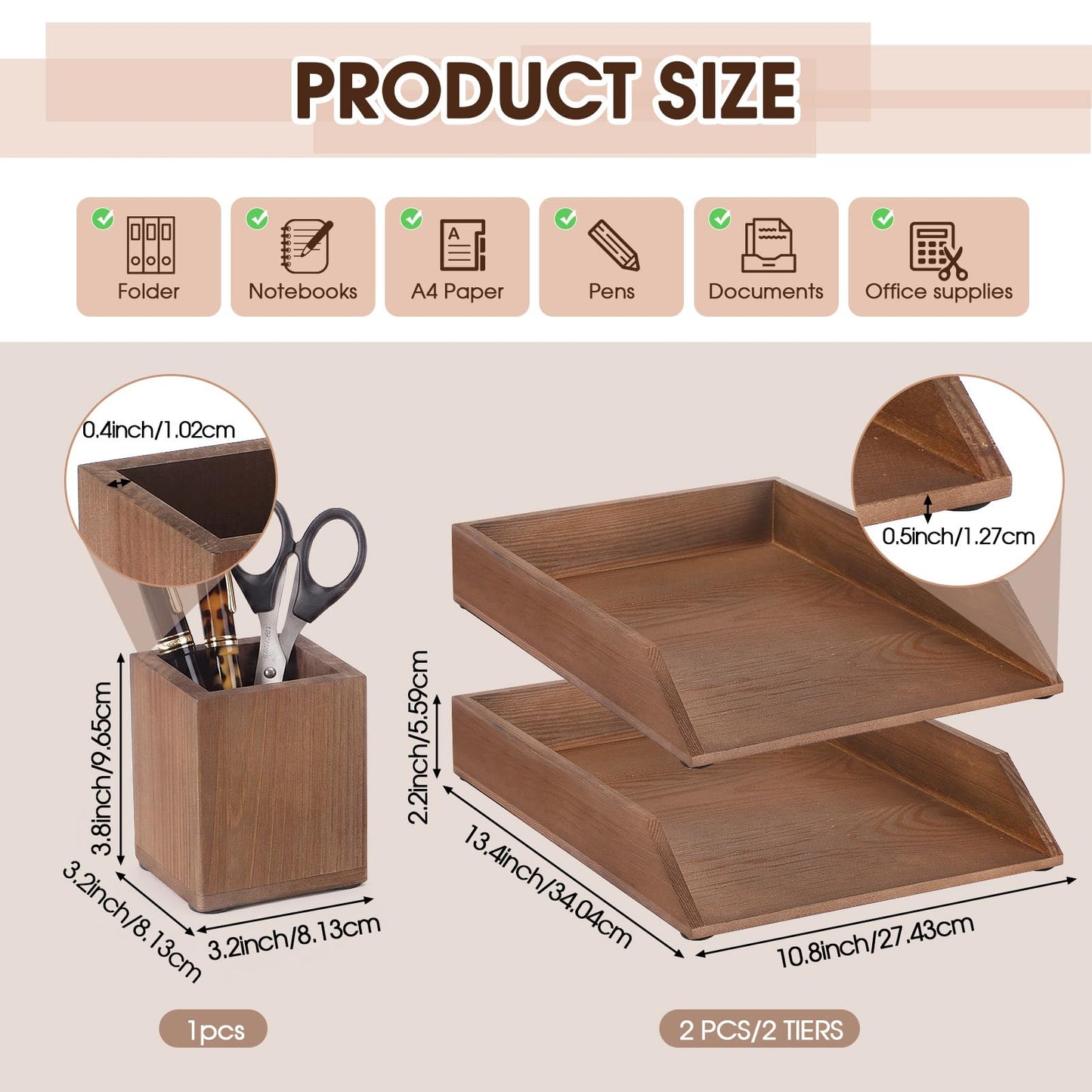 Nuanchu 2 Pcs Wooden Letter Trays with Pen Holder Wood Desk Organizer Set Heavy Duty 2 Tier Brown Stackable Supports Letter-Size Paper Tray Desktop Drawer Pen Magazine File Folder Office Accessories