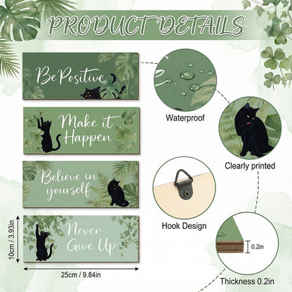 4Pcs Sage Green Office Decor for Women Inspirational Wooden Wall Decor for Office Home Sage Green Black Cat Wall Art Motivational Quotes Wooden Signs Set Positive Affirmations for Bedroom Work