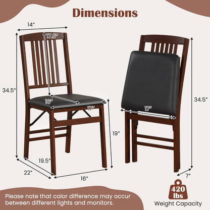 Giantex Folding Dining Chairs Set of 2, Foldable Wood Kitchen Chairs with Padded Seat, Max Load 420 Lbs, No Assembly, Wooden Dining Room Chair, Armless Side Chair for Home Apartment, Brown & Black