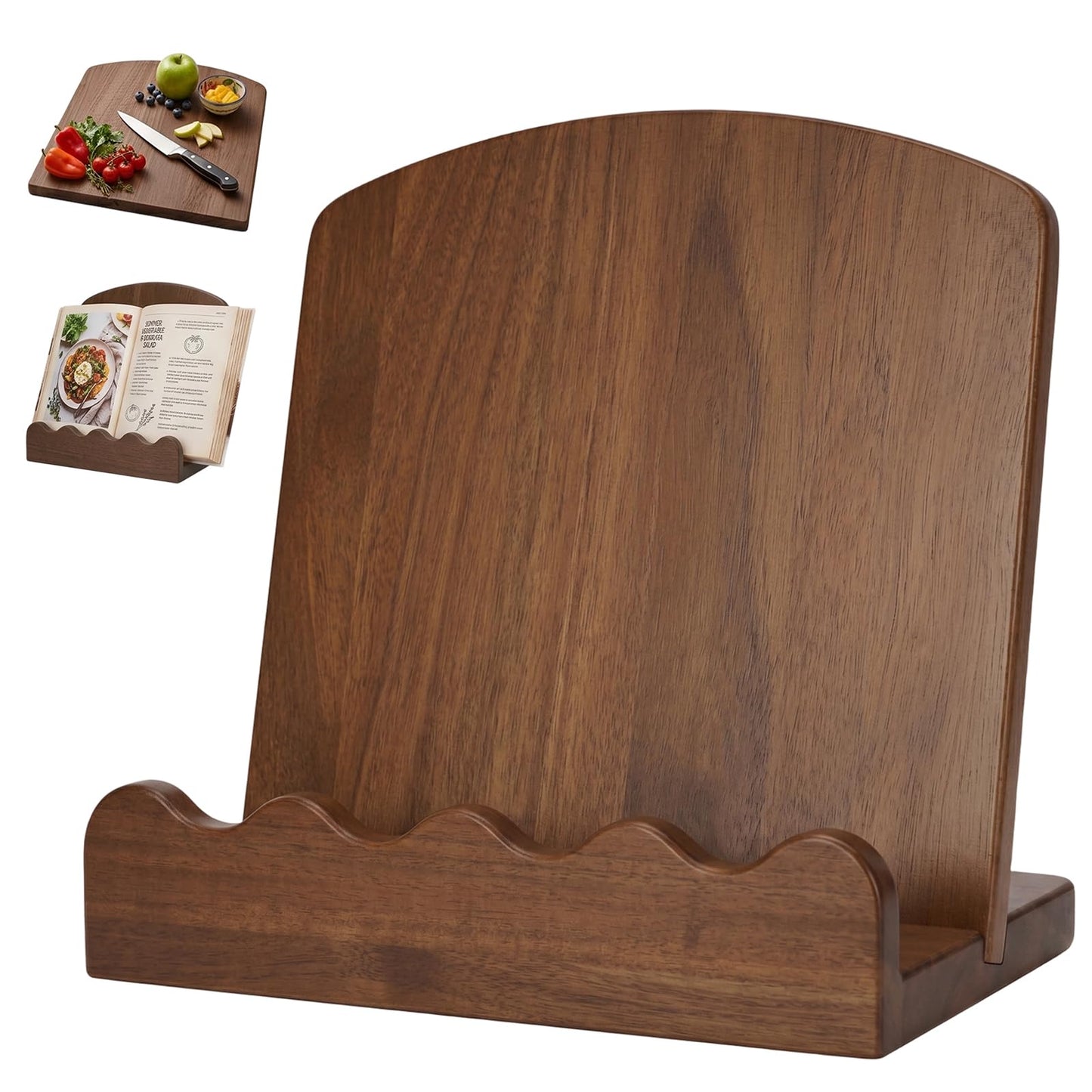 Scalloped Wooden Cookbook Stand for Kitchen Counter,2 in 1 Recipe Book Holder,Charcuterie Board & Kitchen Serving Tray,Durable Cook Book Holder Stand Easily Keeps Cook or Recipe Books Open