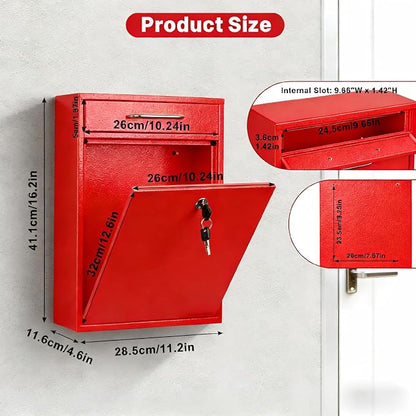 KYODOLED Locking Wall Mount Mailbox for Outside, Drop Box, X-Large, Red | Heavy-Duty Steel, Outdoor Mail Box with Key Lock, Large Capacity, Home, Office & Apartment Use, 16.2H × 11.2L × 4.6W In