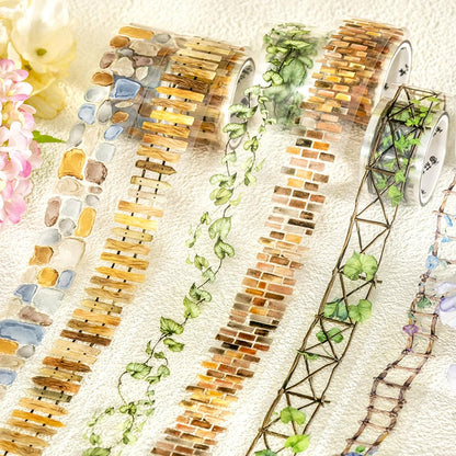Landscape PET Tape Aesthetic Washi Tape Set Scrapbook Supplies Garden Path Fence Decorative Tape Green Plants Brick Wall Washi Tape Stickers Decorative Collage PET Stickers For Journaling Supplies