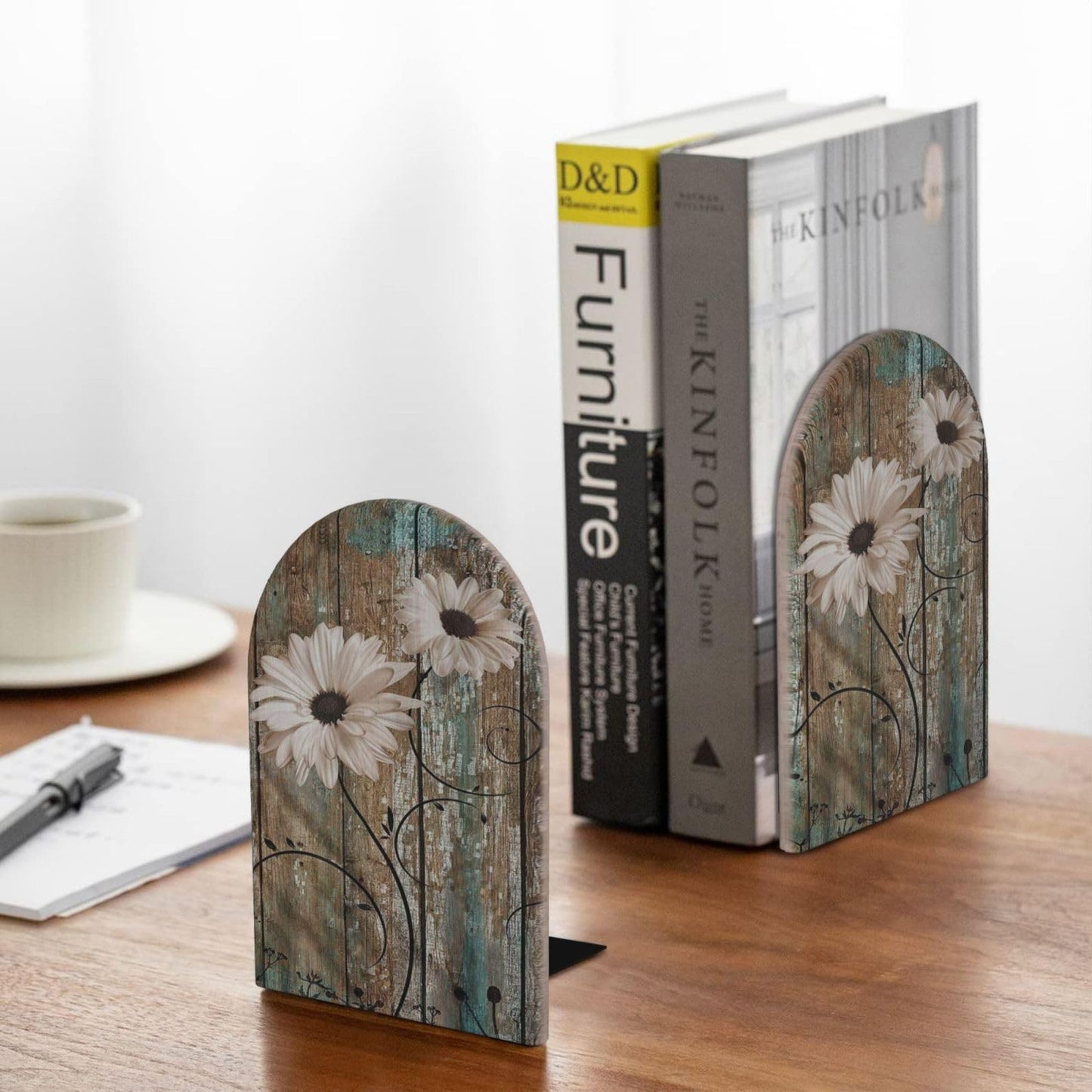 HOYYU Rustic s Wooden Bookends Decorative Shabby Sunflower Book Ends for Shelves Heavy Books Holder Organizer Non-Slip Desk Book End for Kids Room Office School Kitchen Home Desktop Decor 1 Pairs