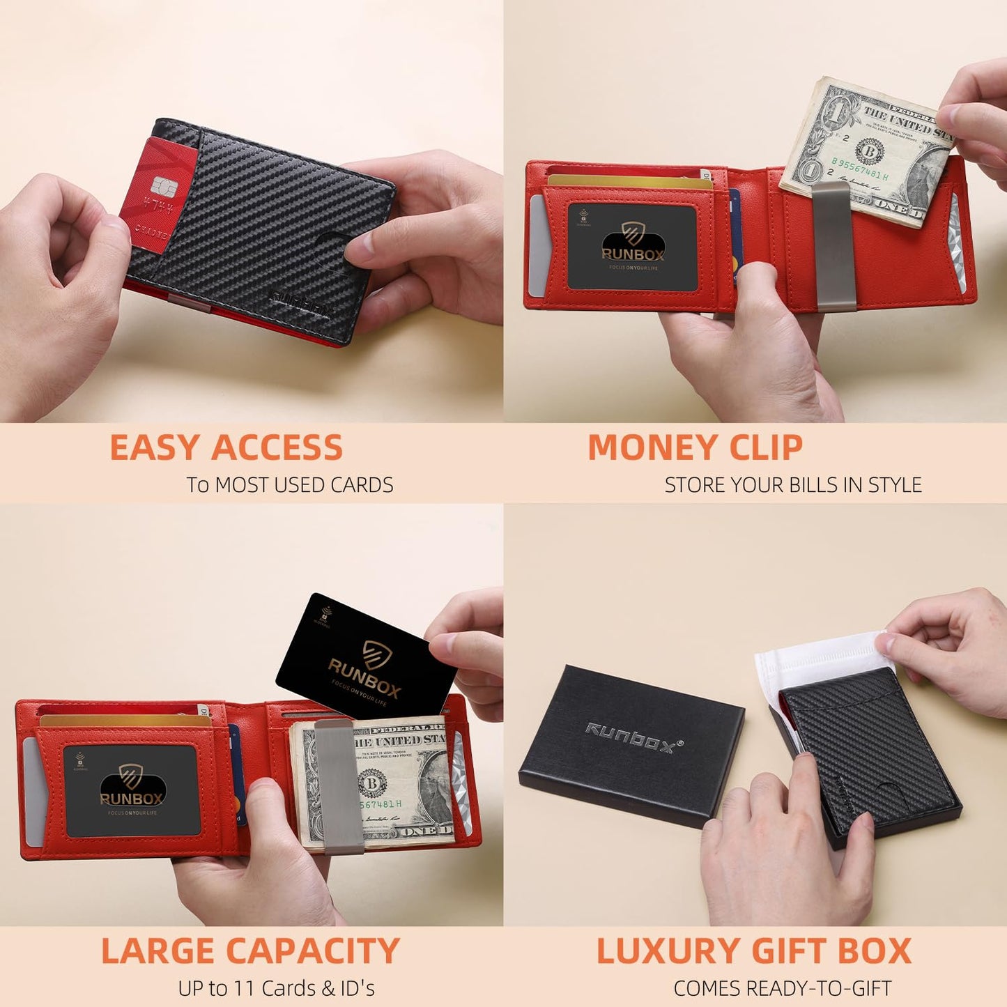 RUNBOX Red Wallet for Men Slim 11 Credit Card Holder Slots Leather Money Clip RFID Blocking Small Men's Wallet Bifold Minimalist Gift Box Carbon