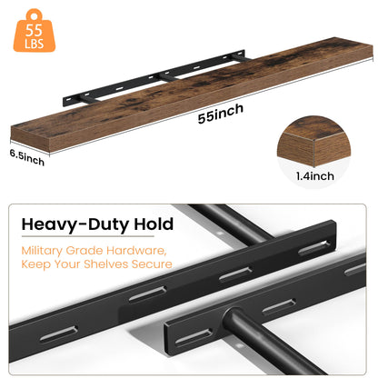55 Inch Floating Shelves for Wall, Wood Wall Mounted Deep Storage Shelves with Invisible Brackets, Extra Long Decorative Display Ledge for Living Room Bedroom and Kitchen, Set of 2, Rustic Brown