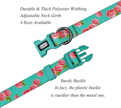 Dog Collar Leash Set, Floral Pattern, Polyester Material, Adjustable Collar and 5ft Matching Leash, for Puppy Dogs.(XS, Green Rose)