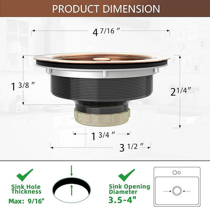 Kitchen Sink Drain Copper 3-1/2 Inch Stainless Steel Kitchen Drain Strainer