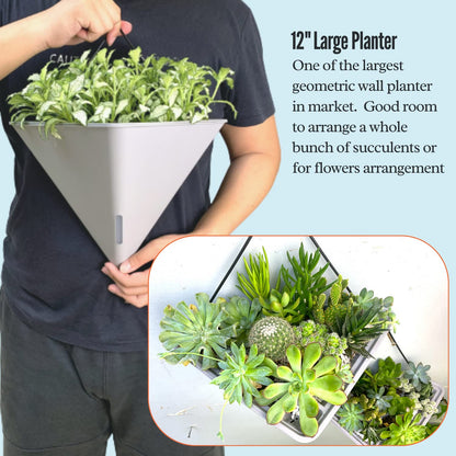 LaLaGreen Bundle - 12" x 2 Pack Gray + 12" x 2 Pack Black Large Self Watering Geometric Hanging Flower Vase Vessel with Metal Hanger, Modern Stylish Wall Mounted Succulent Pot Holder Decor