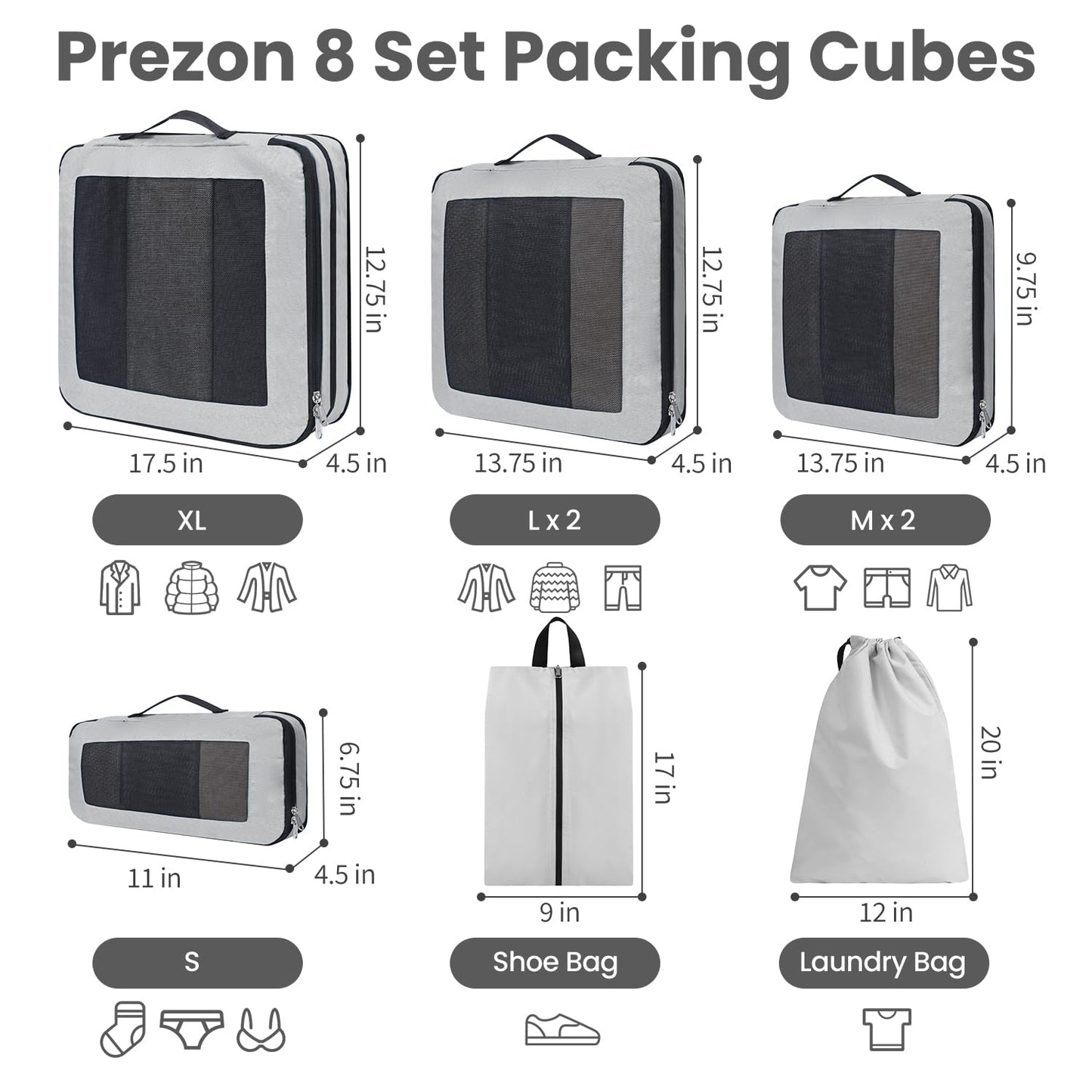 Prezon 8 Set/6 Set/4 Set Compression Packing Cubes for Travel, Lightweight Vacation Travel Essentials, Accessories for Suitcase Organizer Bags Set, Durable Luggage Organizer（8-Square-pewter）