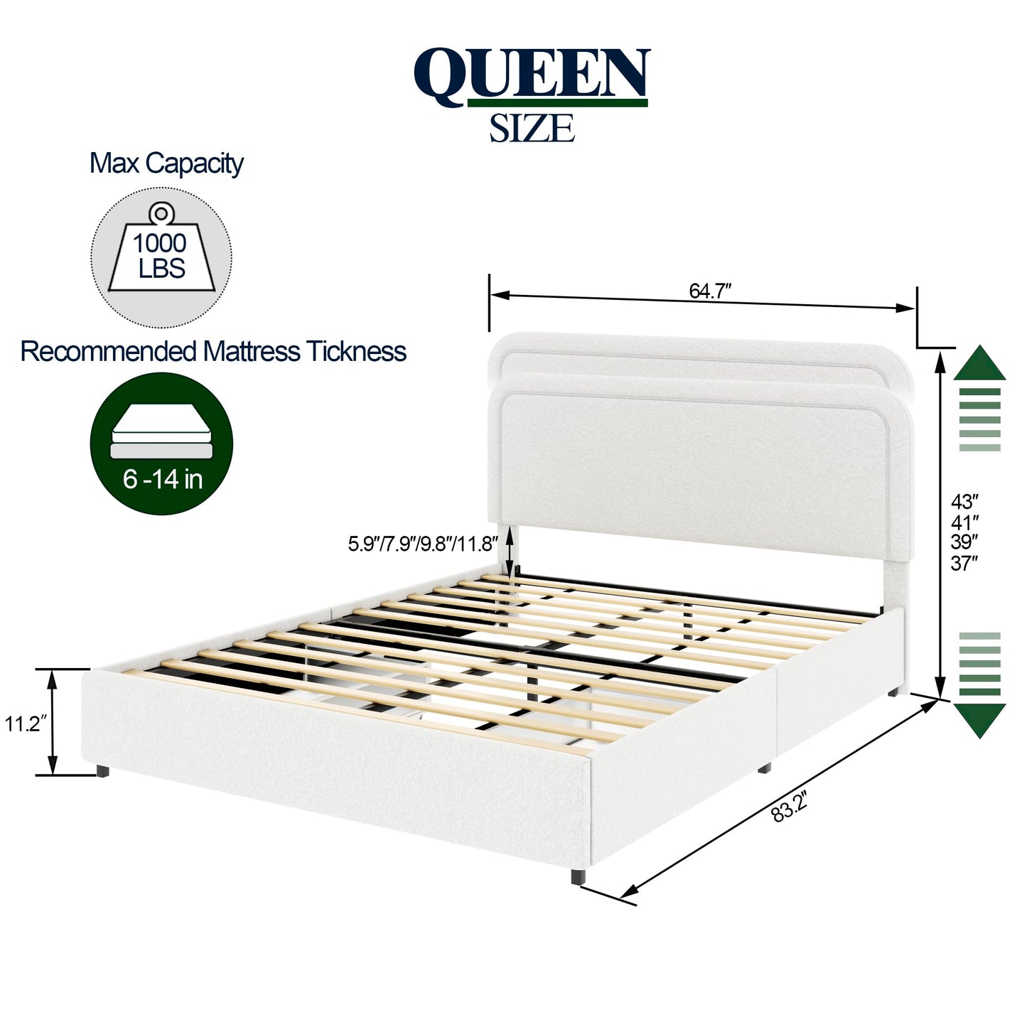 Ball & Cast Queen Size Bed Frame,Boucle Upholstered Platform Bed with Patented 2 Drawers Storage & Curved Stitched Headboard,Wooden Slats Support,No Box Spring Needed,Easy Assembly,Ivory