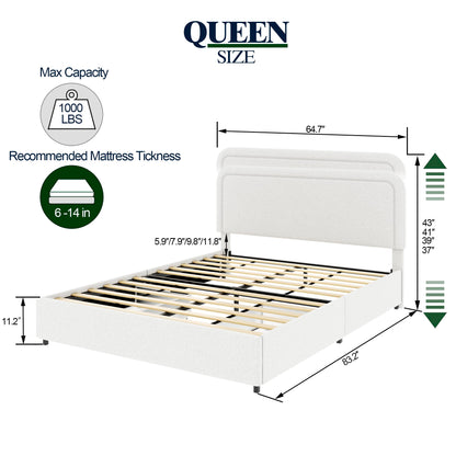 Ball & Cast Queen Size Bed Frame,Boucle Upholstered Platform Bed with Patented 2 Drawers Storage & Curved Stitched Headboard,Wooden Slats Support,No Box Spring Needed,Easy Assembly,Ivory