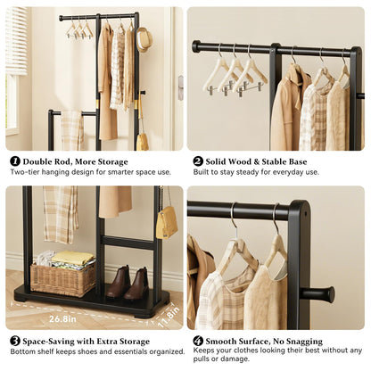 Wamhom Solid Wood Coat Rack, Freestanding Standing Clothes Rack with Double Hanging Rods for Coats, Jackets, Wooden Coat Tree Garment Rack for Bedroom Entryway Hallway, Space Saving Small Coat Rack