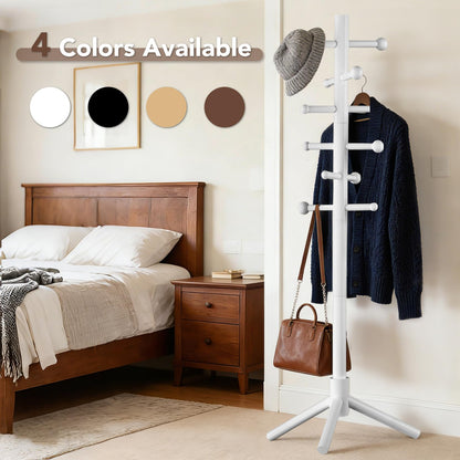 ACIPENSER Wooden Coat Rack Freestanding with 12 Hooks 3 Adjustable Heights，Standing Coat Rack Tree for Hat and Coat Rack for Small Spaces Entryway,Office,Bedroom,White