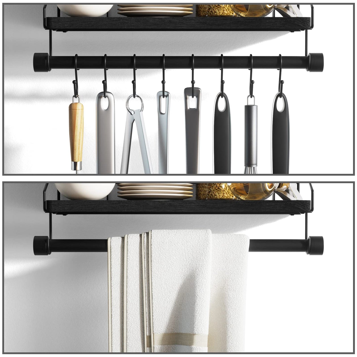 Alsonerbay Floating Shelves Wall Shelves for Bedroom, Bathroom Shelves Wall Mounted with Towel Bar, Kitchen Rustic Wood Shelf with Hooks for Hanging Cooking Utensils or Mugs