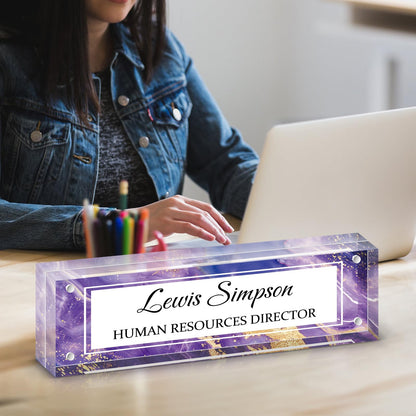 HETOOSHI Desk Name Plate Personalized, Desk Double sided pattern Name Plate Personalized Office Desk Decor for Women and Men , Teacher Nurse Boss Employee Appreciation Gifts (Purple marble, fixed pattern)