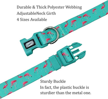 Dog Collar Leash Set, Flamingo Pattern, Polyester Material, Adjustable Collar and 5ft Matching Leash, for Small Dogs.(S, Green Flamingo)
