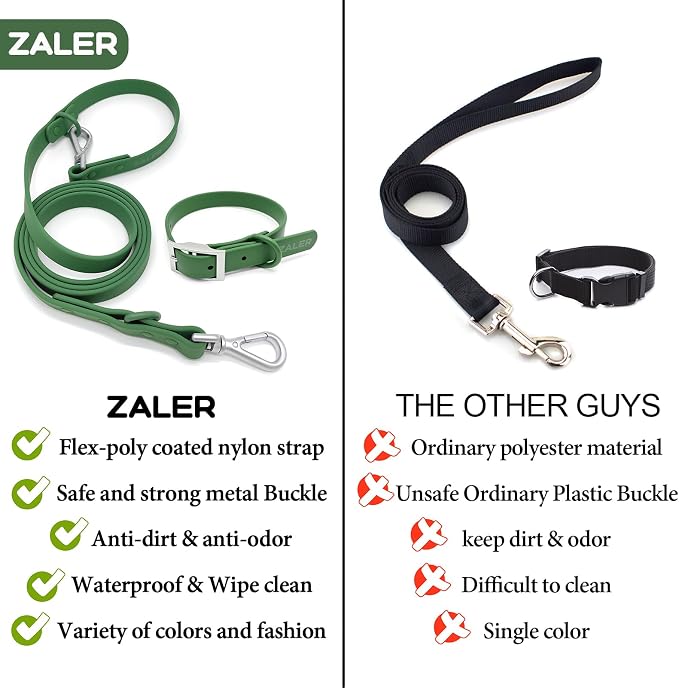 ZALER Dog Collar and Leash Set, Waterproof Adjustable Odor Proof Pet Collars Leashes Easy to Clean, 6FT Dog Leash with 2 Hooks for Large, Medium Small Dogs (L, Green)