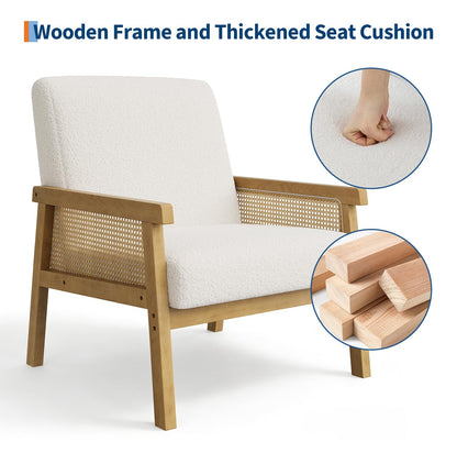 IDEALHOUSE Rattan Accent Chair, Boucle Armchair, Upholstered Reading Chair with Wooden Frame and High Back, Leisure Chairs for Living Room Bedroom Waiting Room Reception, White