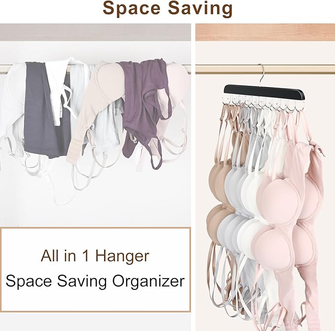 Bra Hanger for Closet, Tank Top Organizer 20 Hooks Capacity Foldable Wood Space