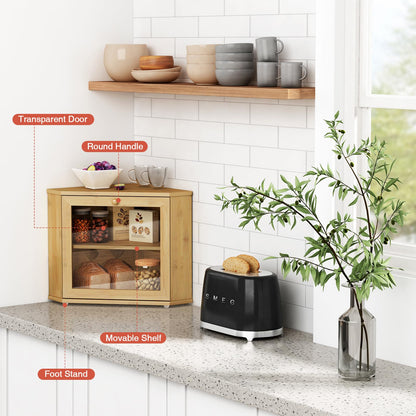 Goozii Bamboo Corner Bread Box for Kitchen Counter, 2 Tier Bread Keeper Wooden Round, Farmhouse Bread Storage Bin for Kitchen Countertop, Counter Organizer for Bread, Cup, Fruit, Spice, Snack