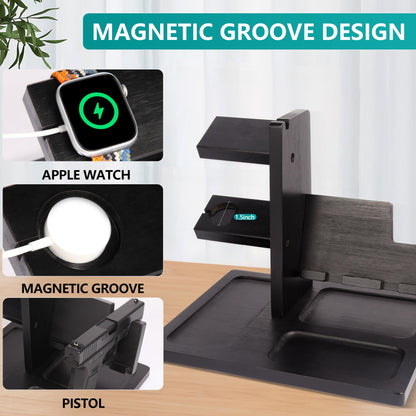 Pistol Rack for Gun Safe, Wooden Handgun Rack Holder for Gun, Wood Phone Docking Station with Magnetic Groove as Nightstand Organizer as Gifts for Men Boyfriend Husband Father in Birthday Christmas
