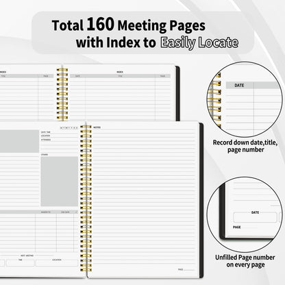 SUNEE Half Meeting Half Note - 8.5"x11" Professional Notebooks for Work - 160 Pages, A4 Size Project Planner, Spiral Meeting Agenda/Minutes Organizer for Women Men, Note Taking, Office & Business