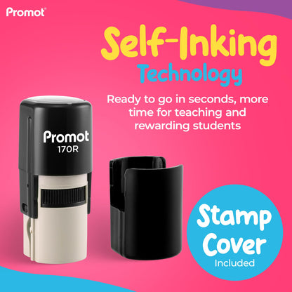 Promot - Self-Inking Stamps for Teachers, Round Rubber Stamp for Grading & Feedback, Quick-Dry Ink Stamps, Clear Imprint, Refillable Classroom Stamp & No-Mess Design (Smiley Red)