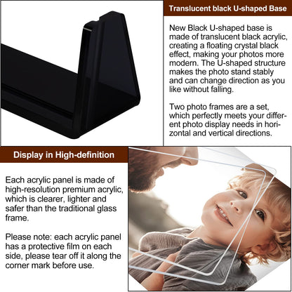 Boxalls 2 Pack Acrylic Picture Frames 4x6 with Translucent Black Base Stand, Frameless Photo Frame for Tabletop or Desktop Display (Horizontal + Vertical)