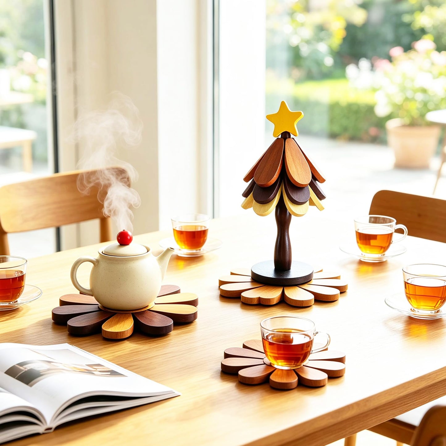 Wooden Christmas Tree Trivet Set of 3, Heat Resistant Coasters for Hot Dishes Pots Bowls, Star Top Holiday Table Decor for Home Kitchen
