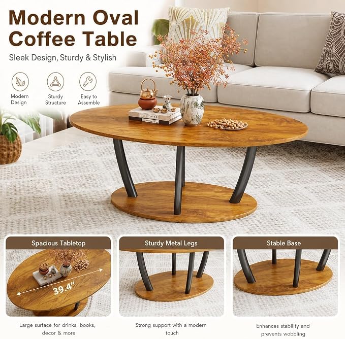 Manora Rustic Oval Coffee Table with Storage Shelf, 2-Tier Wood Grain Center Table for Living Room, Farmhouse Tea Table with Sturdy Black Legs for Apartment, Small Spaces, Easy Assembly, Brown