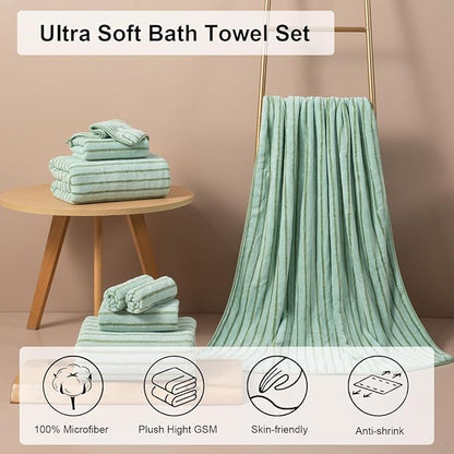 Oliven 8 Pcs Green Cabana Stripe Large Bath Towel Set Oversized Bath Sheet-2