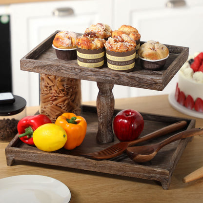 Yalikop Farmhouse Tiered Tray Stand - Wooden Rustic 2 Tier Rectangular Tray Serving Stand for House Kitchen Cake(Brown)