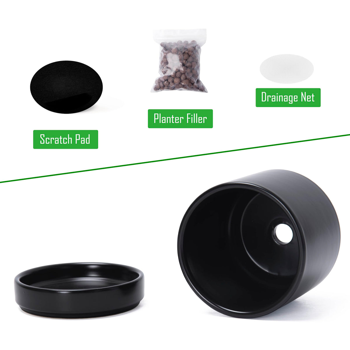 D'vine Dev Set of 2 Plants Pot, 4.7 Inch Ceramic Planter Pot for Plants with Drainage Hole and Saucer, Black, 94-V-B-2