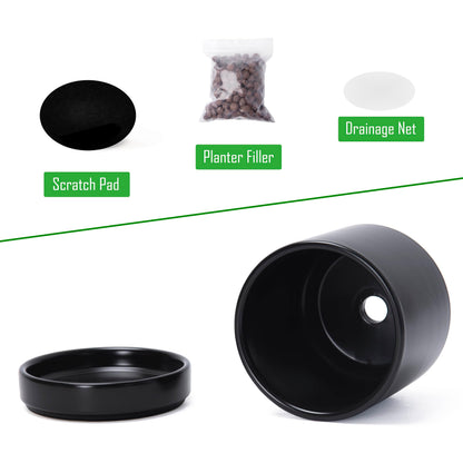 D'vine Dev Set of 2 Plants Pot, 4.7 Inch Ceramic Planter Pot for Plants with Drainage Hole and Saucer, Black, 94-V-B-2