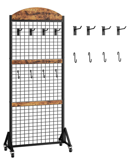 CHOEZON Grid Wall Panel 5.7’ x 2’ FT Grid Display Rack, Movable Gridwall Display Stand with Wheels,Floorstanding Wire Grid Rack with 4 S-Shaped Hooks and 4 Garment Hooks Rustic Brown and Black TCJ17BF