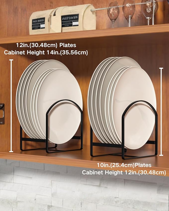 LINFIDITE 2 Pack Kitchen Plate Holder Organizer for Cabinet Space Saver Dinner Plate Storage Rack Upright Dish Drying Racks Metal Dish Stand for Cupboard Countertop Rustproof Black (1 Large 1 Small)