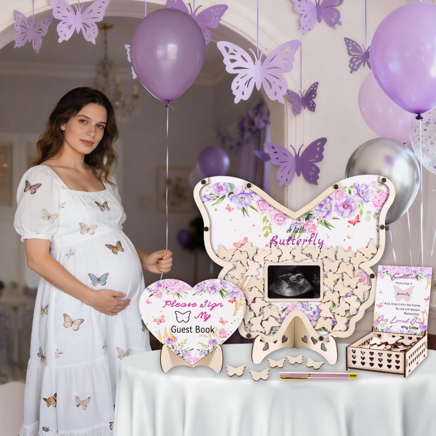 66pcs Butterfly Baby Shower Guest Book Alternative Wooden Guest Sign in Butterfly with Sonogram Photo Frame Butterfly Floral Guestbook Pregancy Keepsake Gender Reveal 1st Birthday Party Decorations