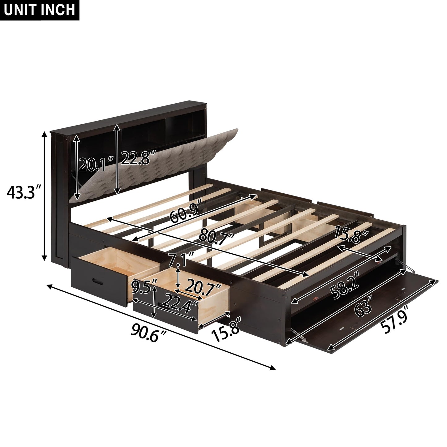 GDFStudio Boden Queen Size Upholstered Headboard, Queen Size Platform Bed with Storage Headboard, Wooden Bed Frame with Shoe Rack and Organizer Drawer, Ample Storage Shelves and 4 Drawers, Espresso